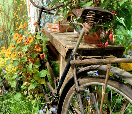 Old rusty and no longer functional fencing wheel in a garden with flowering flowers, abstractの写真素材