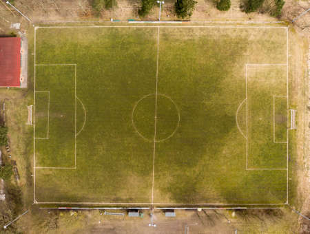 Aerial view of a football field of a district league team in a village in the heath, made with droneの写真素材