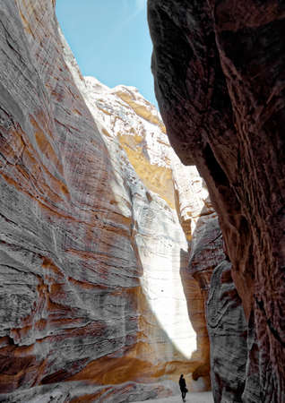 View up from the interior of the Siq leading into the new seventh wonder of the world of Petra in Jordan, middle eastの写真素材
