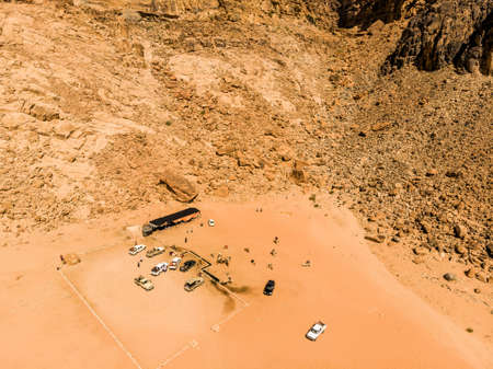 Aerial view of the Lawrence spring in the Jordanian desert near Wadi Rum, made with droneの写真素材
