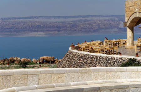View over the terrace of the museum at the Dead Sea in Jordan with the mountains of Israel on the...