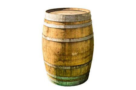 Exemplary old wooden barrel with iron rings and fixtures in front of a white clear background, isolatedの写真素材