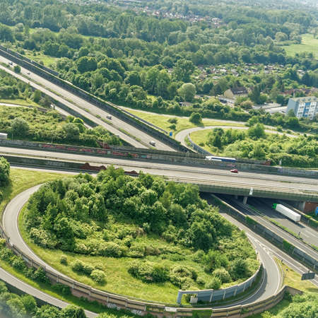 Aerial view from a small aircraft on the A2 motorway in the north of the city of Braunschweig, Germanyの写真素材