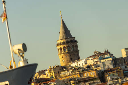 Intentionally oblique photo of the Galata Tower taken by a ship.の写真素材