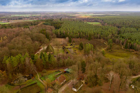 Overview from a height of 80 meters over the HÃ¶sseringen open-air museum in the LÃ¼nebÃ¼rger Heide near Suderburgのeditorial素材