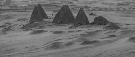 Black and white photo from above of the pyramids near Karima, Sudan, africa