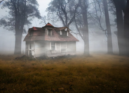 Abandoned small house on the edge of the forest in the fog made with generative AIの素材