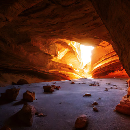 View from dark empty cave to cave entrance shining in glistening bright sunlight,made with generative aiの素材