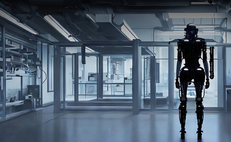 Dark back view of a futuristic cyborg in the glass box of a strictly geometrically designed laboratory with medical equipment, made with generative aiの素材