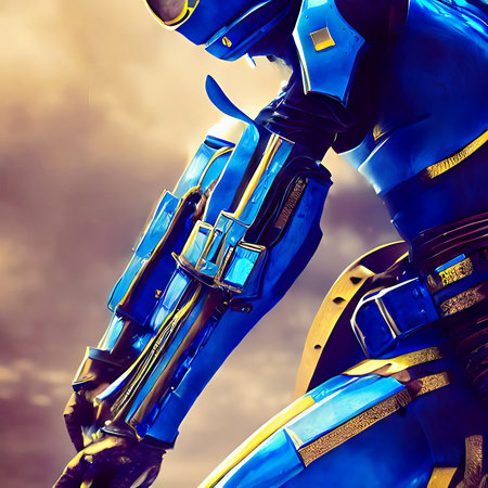 Torso of a cyborg warrior from the future with strong blue armor,made with generative aiの素材