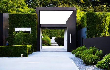 Entrance area of a modern garden with gravel pavement and concrete in strict rectangular architecture, made with generative AIの素材