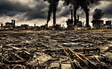 Dystopian industrial landscape with destroyed metal struts in foreground and chimneys, whose black smoke pollutes the environment, on dark horizon, made with generative AIの素材
