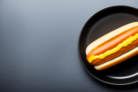 Plain hot dog with sausage, mustard and soft bun on a black plate with plenty of room to the side, made with generative AIの素材