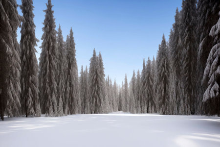 White snowy clearing in winter forest with tall old spruces against cloudless blue sky, made with generative AIの素材