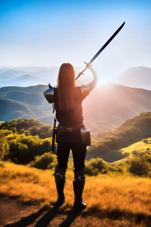 Back view of a warrior with a long sword in front of a rolling, gentle mountain landscape with the backlight of the bright white sun, made with generative AIの素材