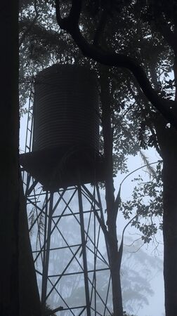 An australian rainwater tank amonst trees on a foggy morningの写真素材