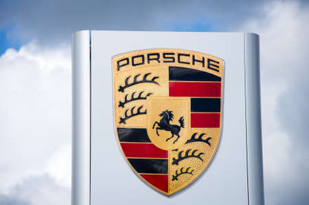 VILNIUS - AUG 7: Porsche dealership logo on Aug. 7, 2016 in Vilnius, Lithuania. Porsche AG is a...