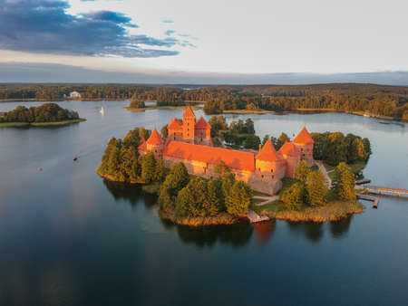 Aerial view of Trakai Castle - Island castle in Trakai is one of the most popular touristic destinations in Lithuania, houses a museum and a cultural center.のeditorial素材