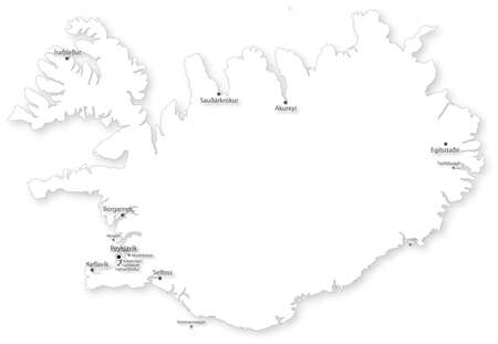 Vector map of Iceland with cities on white. All elements are separated in editable layers clearly labeled. のイラスト素材