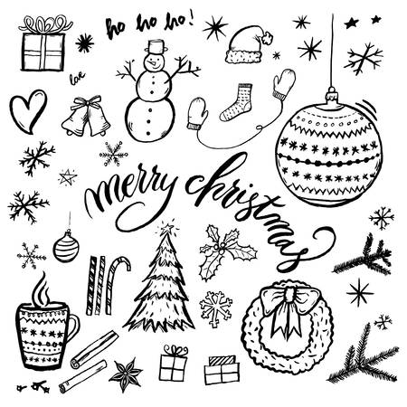 Merry Christmas hand-drawn illustration isolated on white background with text. Set of  xmas hand drawn doodle drawings.のイラスト素材