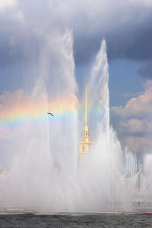 Saint-Petersburg. Sunbow over a fountain on the Neva Riverの写真素材