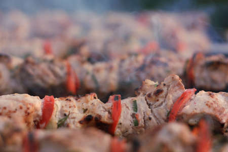 Shashlik, meat being cooked over fireの写真素材