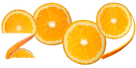 Number 2009 made of orange slices, isolated on white backgroundの写真素材