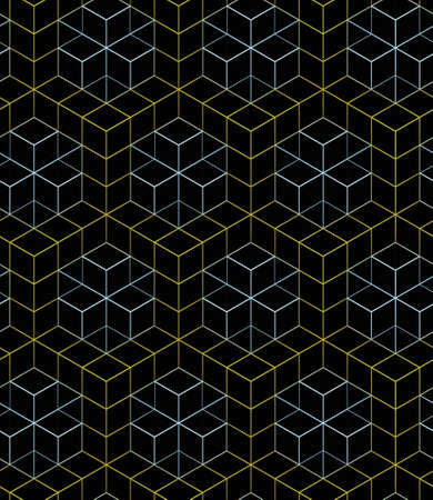 color linear mesh pattern on a black background,yellow and blue linear ornament boxes, background 3D geometric seamless patternの写真素材