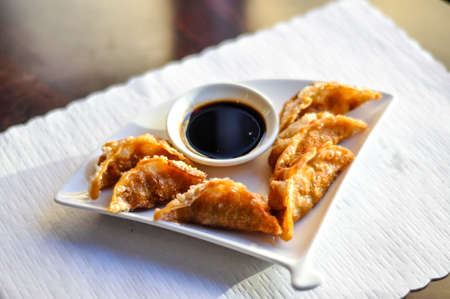 Chicken Pot Stickers, Crispy fried or steamed dumplings with sweet soy sauce.の写真素材