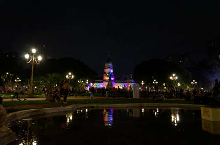 Night view of Plaza de Espana in Cartagena, Colombiaの写真素材