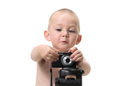 Child using a camera on white backgroundの写真素材
