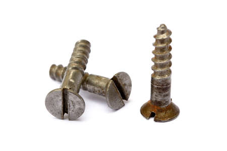 Old Used wood screws isolated on white backgroundの写真素材