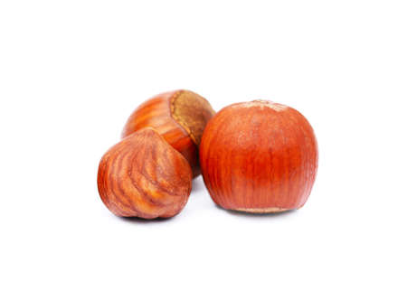 Group hazelnuts isolated on white backgroundの写真素材
