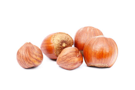 Group hazelnuts isolated on white backgroundの写真素材