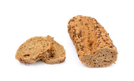 Sliced ??wholemeal baguette isolated on white backgroundの写真素材