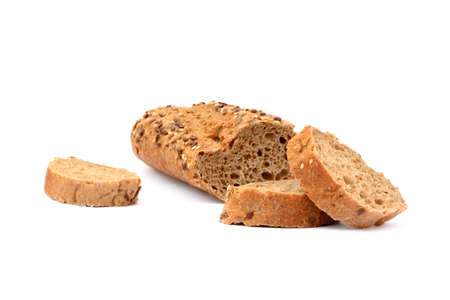 Sliced ??wholemeal baguette isolated on white backgroundの写真素材