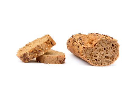 Sliced ??wholemeal baguette isolated on white backgroundの写真素材