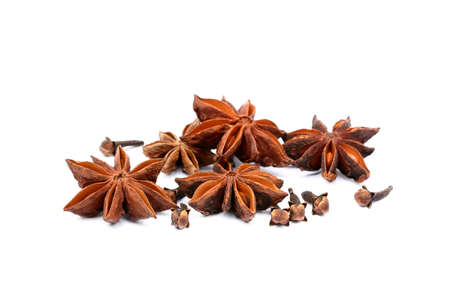 Aromatic star anise, cloves isolated on white backgroundの写真素材