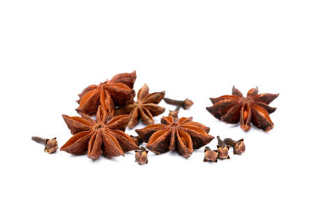 Aromatic star anise, cloves isolated on white backgroundの写真素材