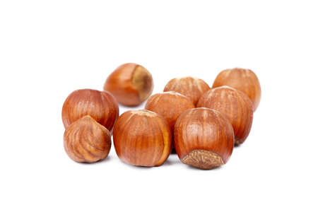 Group of fresh hazelnuts isolated on white backgroundの写真素材