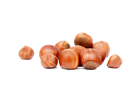 Group of fresh hazelnuts isolated on white backgroundの写真素材