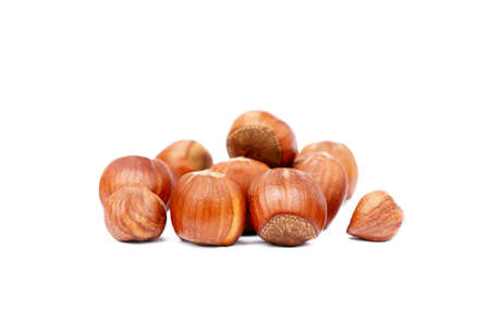 Group of fresh hazelnuts isolated on white backgroundの写真素材
