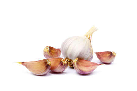 Healthy fresh garlic isolated on white backgroundの写真素材