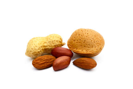 Almonds and peanuts isolated on white background.の写真素材