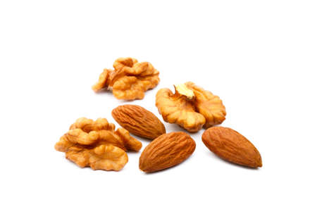 Almond and walnut isolated on white backgroundの写真素材