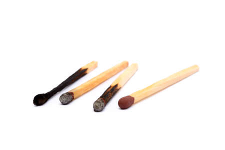 Laid Used Matchsticks isolated on white backgroundの写真素材