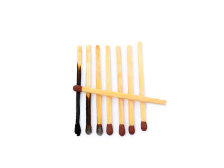 Laid Used Matchsticks isolated on white backgroundの写真素材