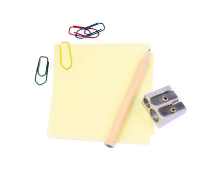 Office supplies isolated on white background, pencil, paper, staples, pencil sharpenersの写真素材