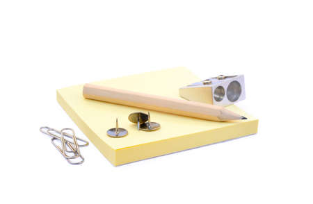 Office supplies isolated on white background, pencil, paper, staples, pencil sharpenersの写真素材