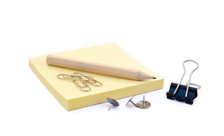 Office supplies isolated on white background, pencil, paper, staples, pencil sharpenersの写真素材